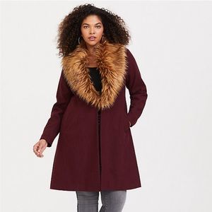 Torrid | Midi Faux Fur Trim Coat in Wine